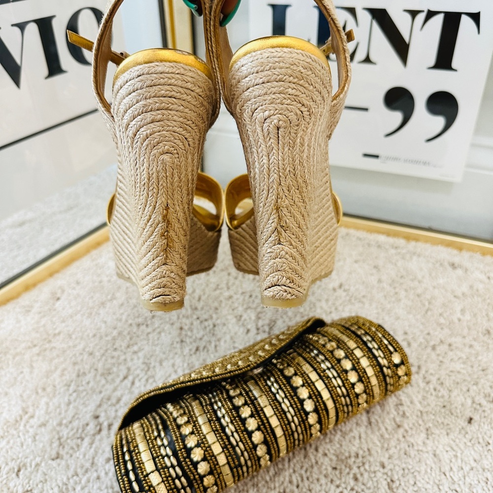 Authentic Gucci Genuine Gold Leather Wedge Platform Espadrilles w Horsebit 39.5 - Picture 9 of 9